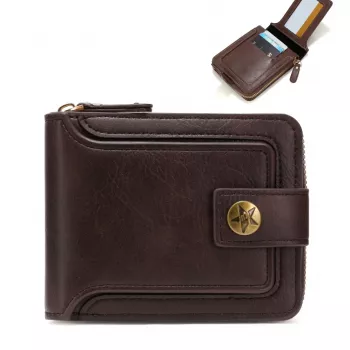 Portefeuille Classique en Cuir PU Pour Homme – Moraillon Court et Fermeture Éclair – Marron