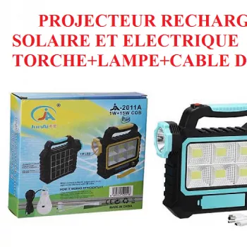 Projecteur avec torche et lampe 3 metres rechargeable solaire et electrique